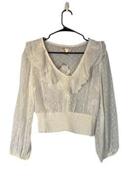 BOG Collective Women’s Cream Long Sleeve Ruffled Polka Dot Sheer Blouse Size S